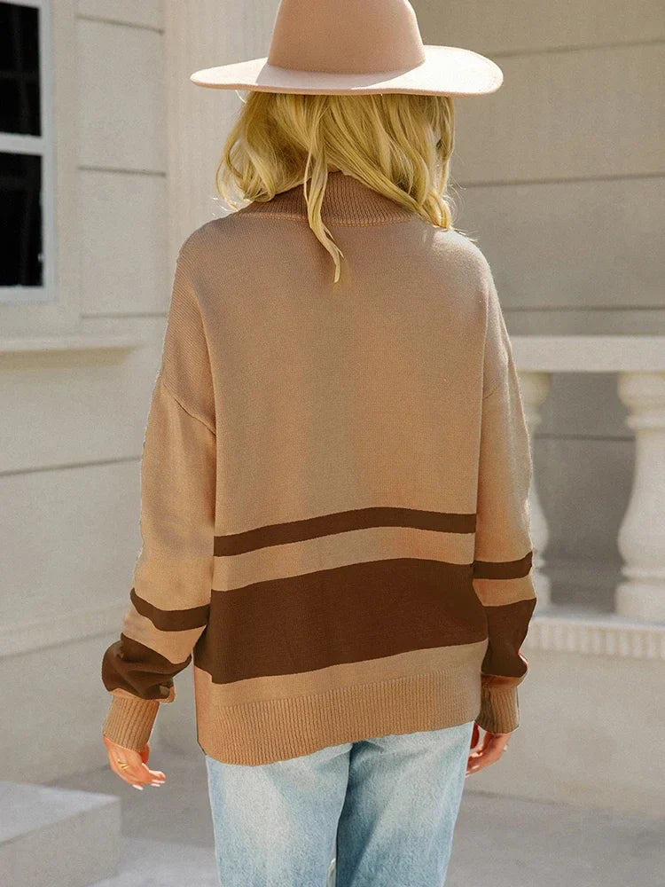 Women's Long Sleeve Zip-Up Knit Sweater with Striped Patchwork