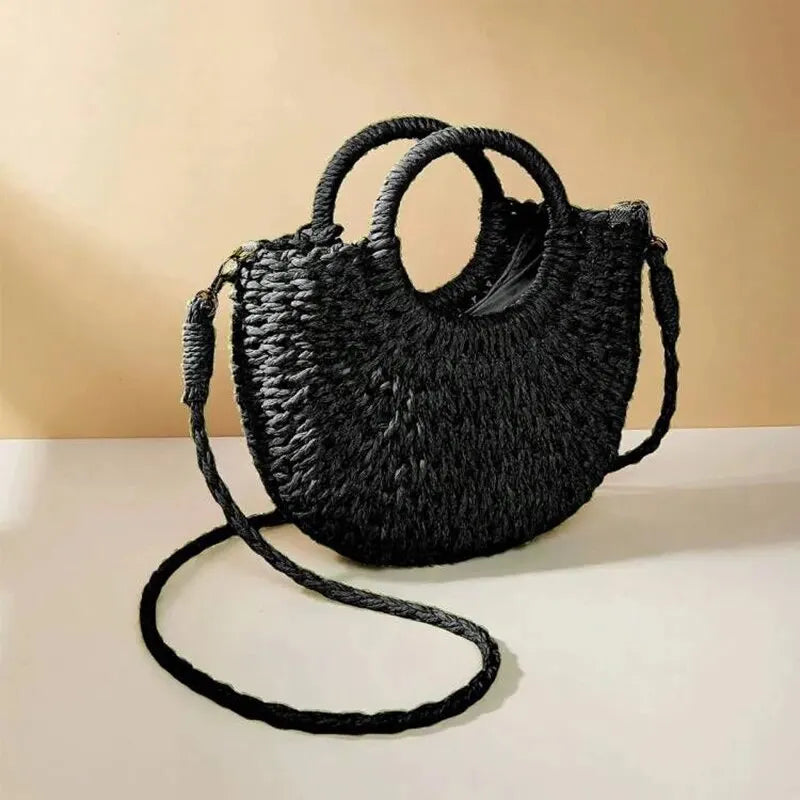 Half-Moon Shaped Women's Straw Crossbody Bag with Top Handles