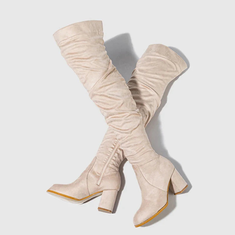 Pointed Toe Slouch Block Heel Knee High Boots for Women