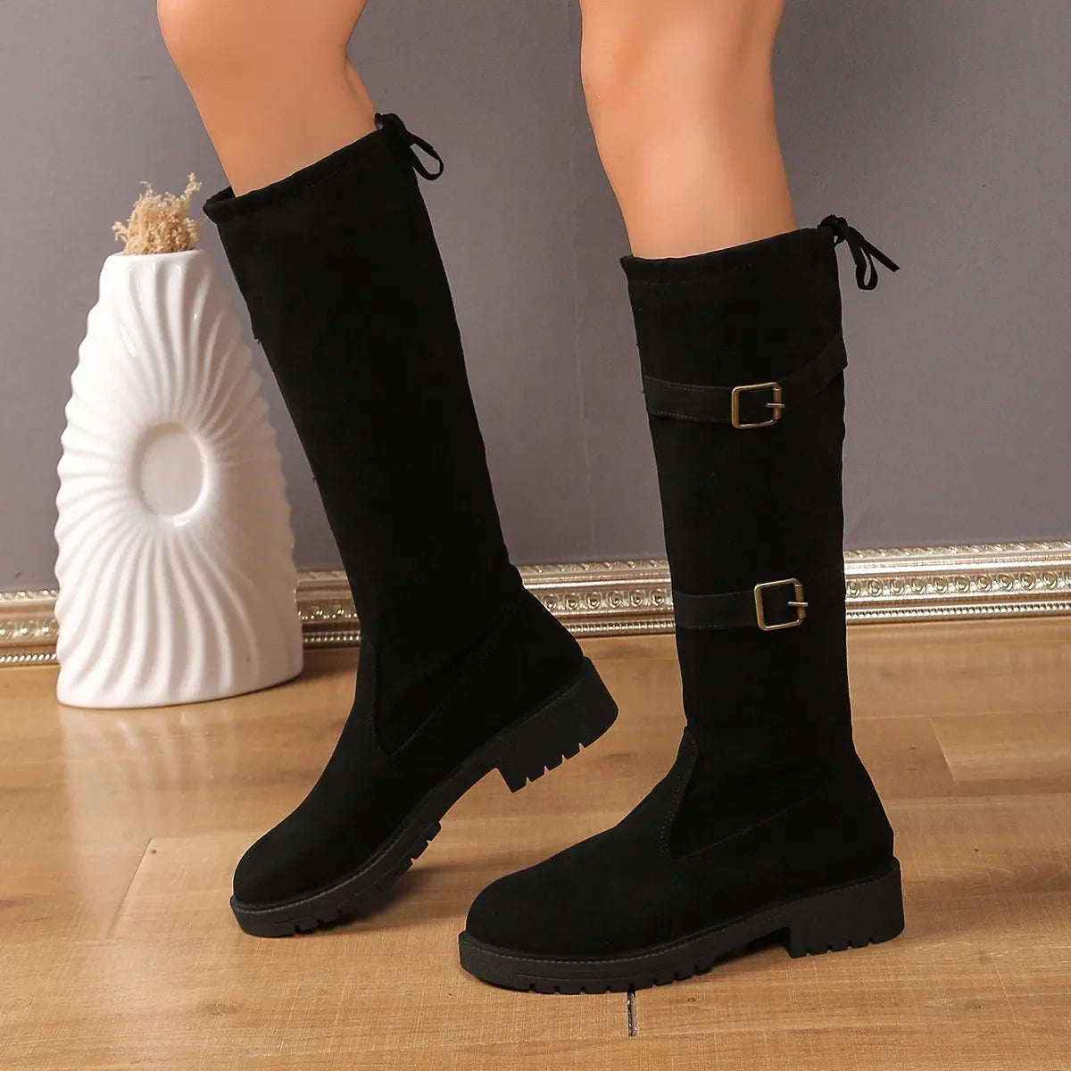 Classic Silhouette Women's Knee-High Boots in Black with Low Heels