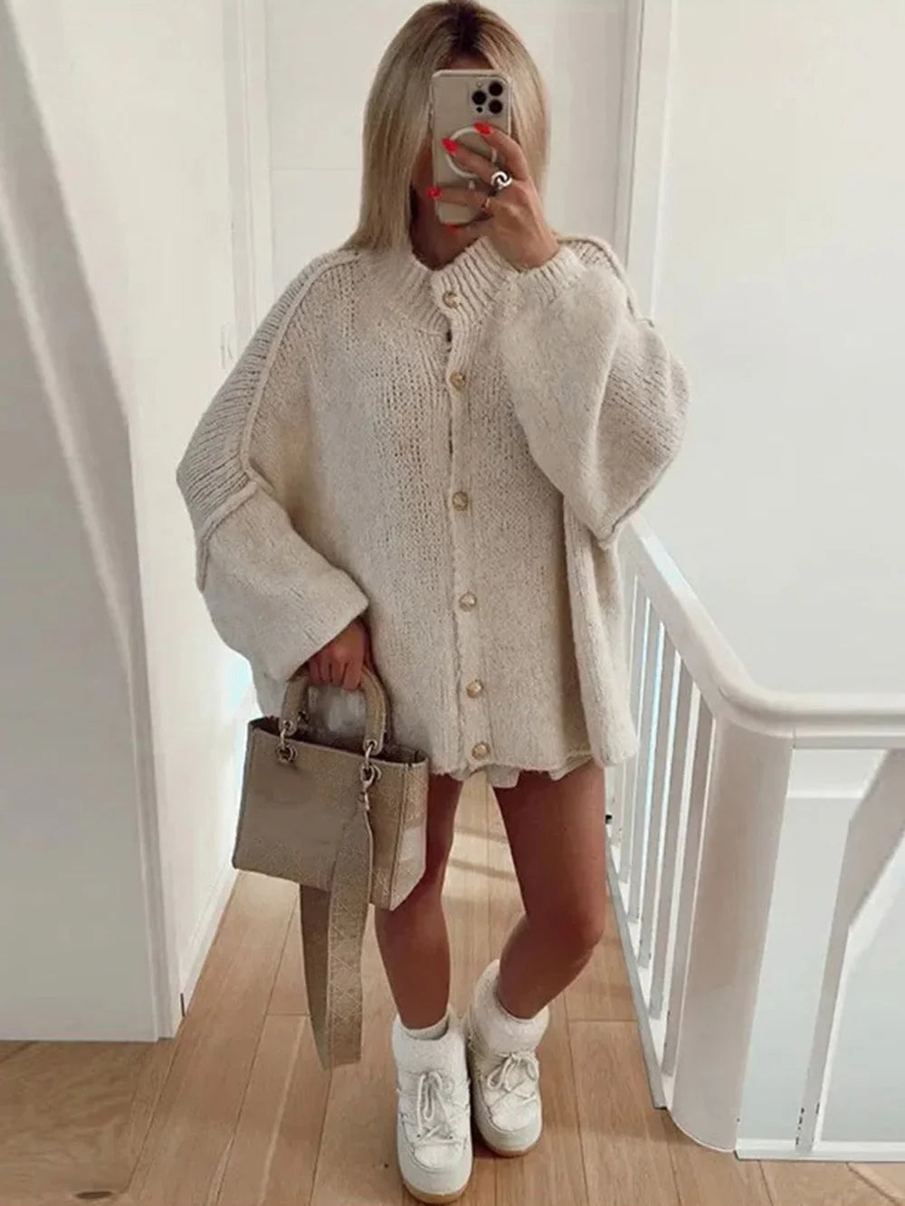 Lapel Bat Sleeve Cardigan for Women with Metal Button Accents