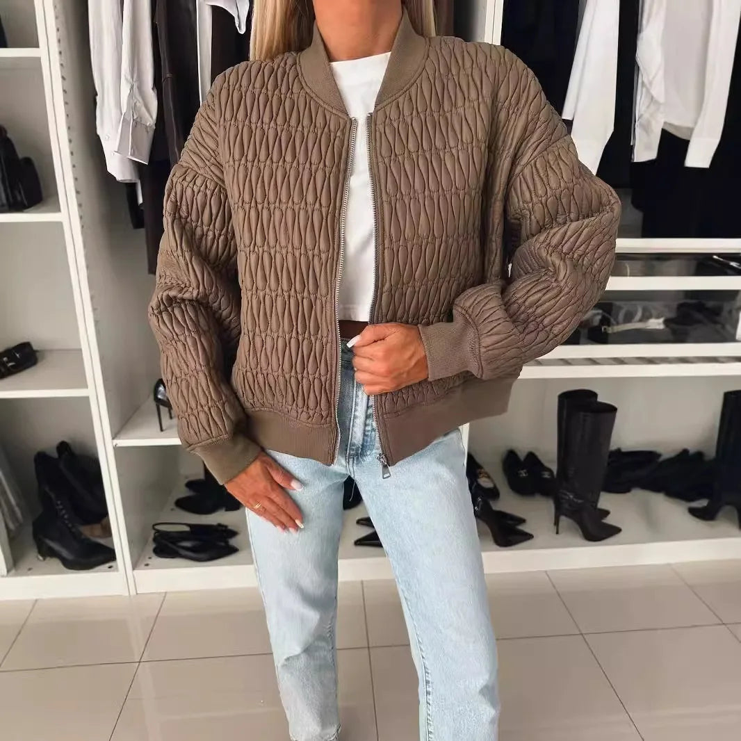 Women's Zip-Front Quilted Bomber Jacket with Ribbed Details
