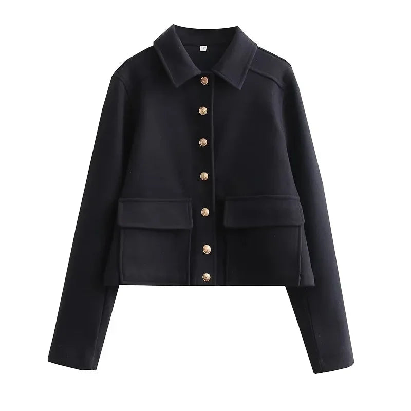Women's Cropped Aviator Bomber Jacket Featuring Button Closure and Pockets