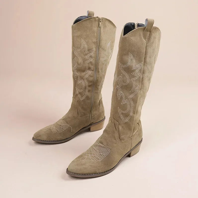 Embroidered Women's Knee-High Cowboy Boots with Chunky Heel