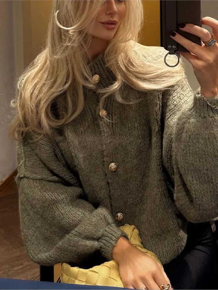 Women's Ribbed Neckline and Cuffs Knit Button Cardigan