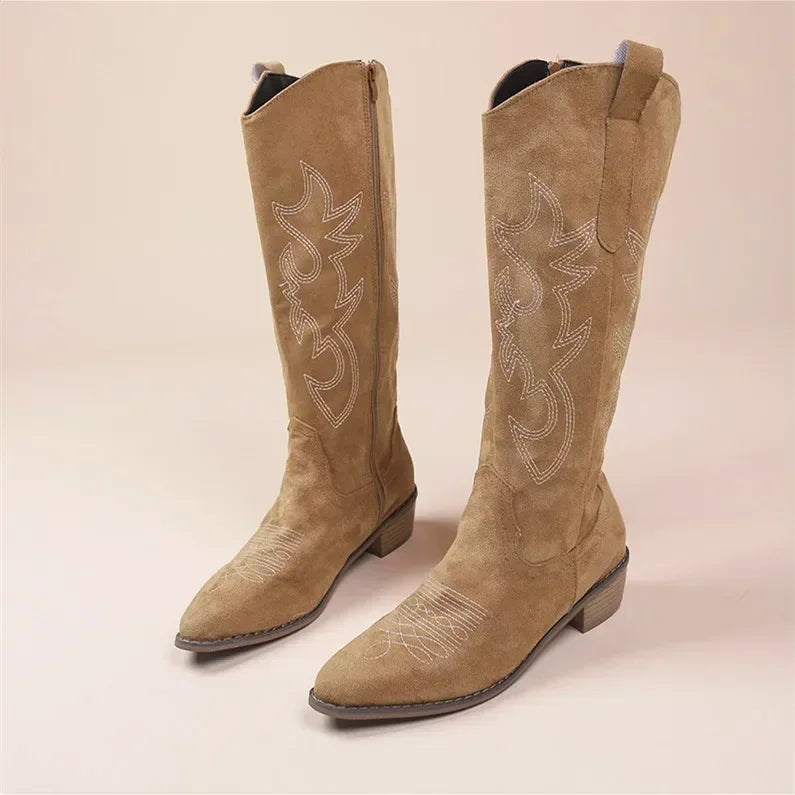 Embroidered Women's Knee-High Cowboy Boots with Chunky Heel
