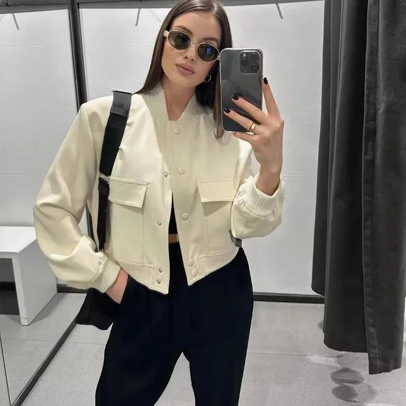 Women's Cropped Bomber Jacket with Baseball Collar and Snap Buttons