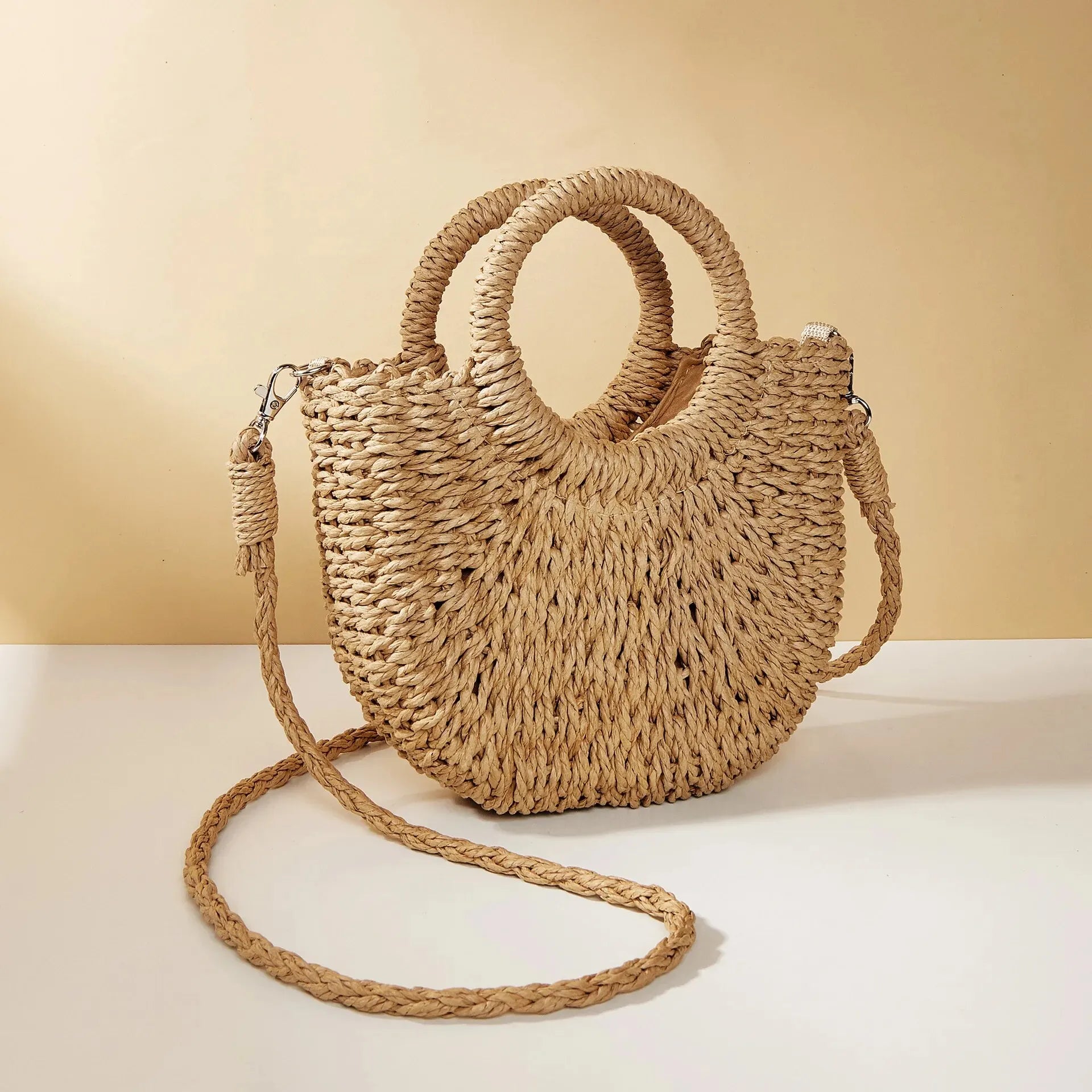 Half-Moon Shaped Women's Straw Crossbody Bag with Top Handles
