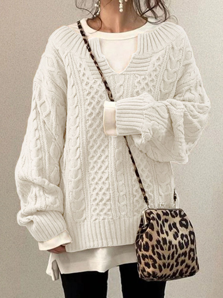 Chunky Textured Cable Knit Jumper for Women with Notched Round Neck