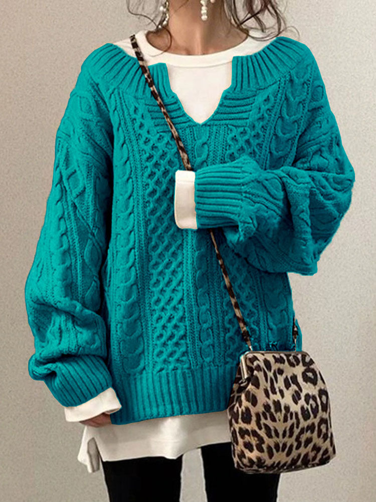 Chunky Textured Cable Knit Jumper for Women with Notched Round Neck
