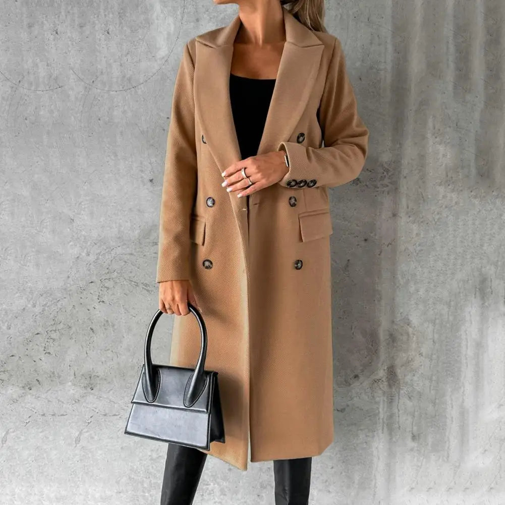 Double-Breasted Long Trench Coat for Women with Buttoned Cuffs