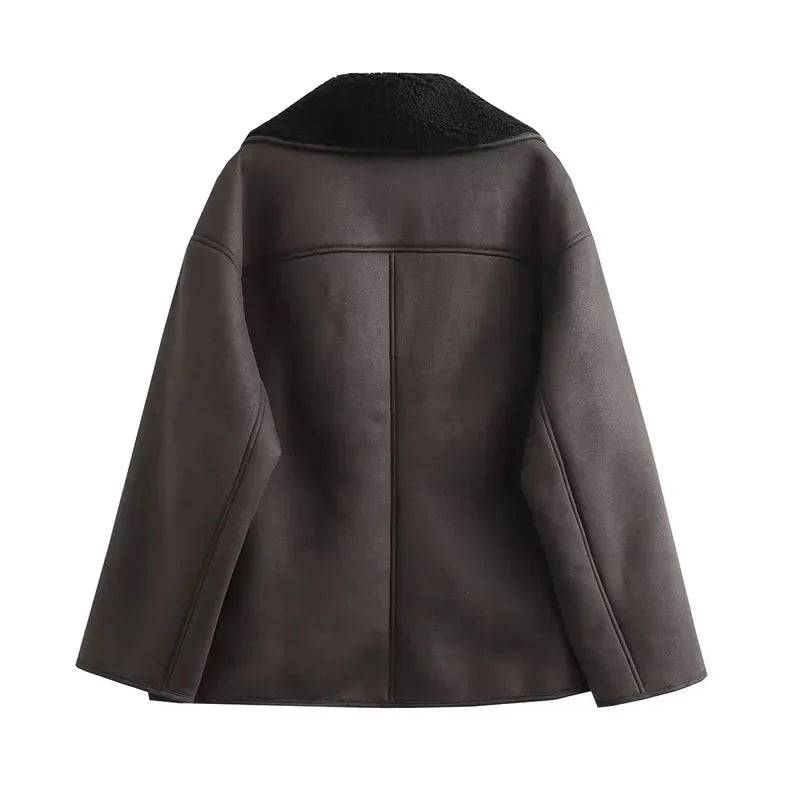 Women's Leather Winter Coat with Cozy Lining and Broad Collar