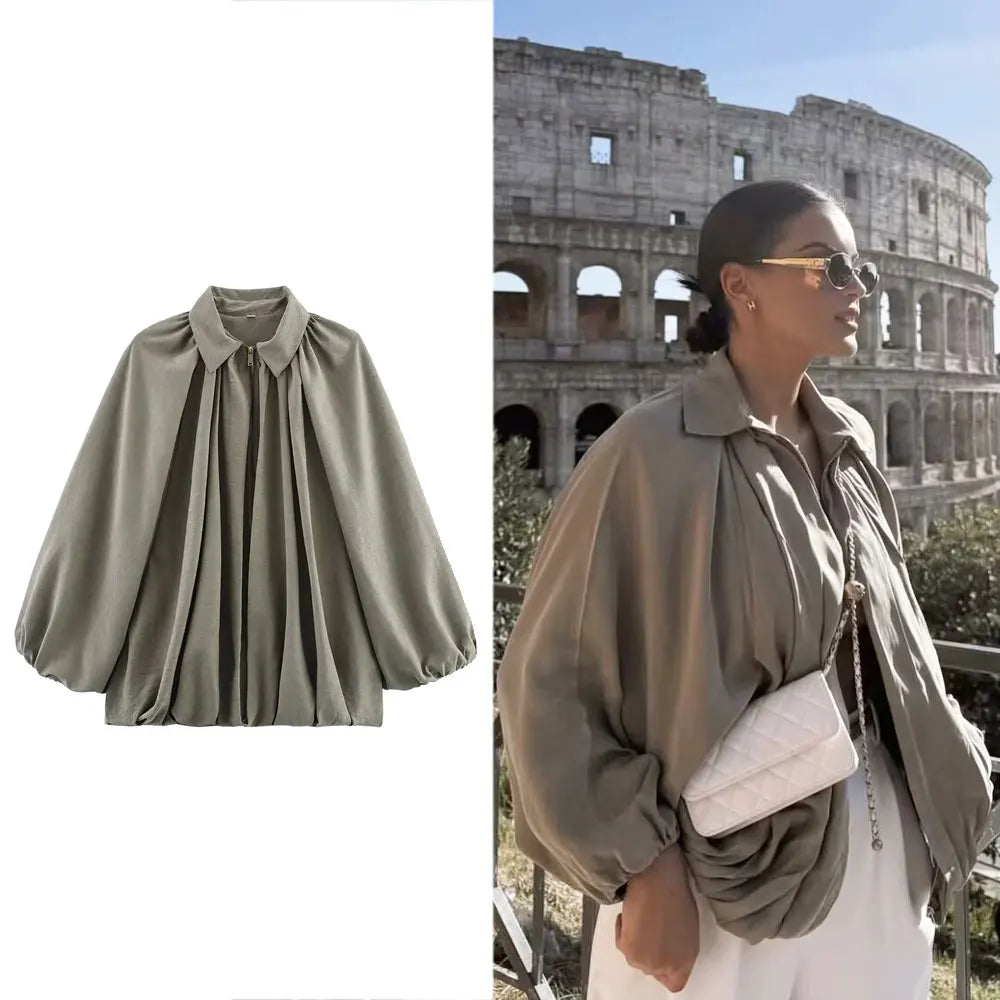 Women's Oversized Bomber Jacket with Long Puff Sleeves and Zip Closure