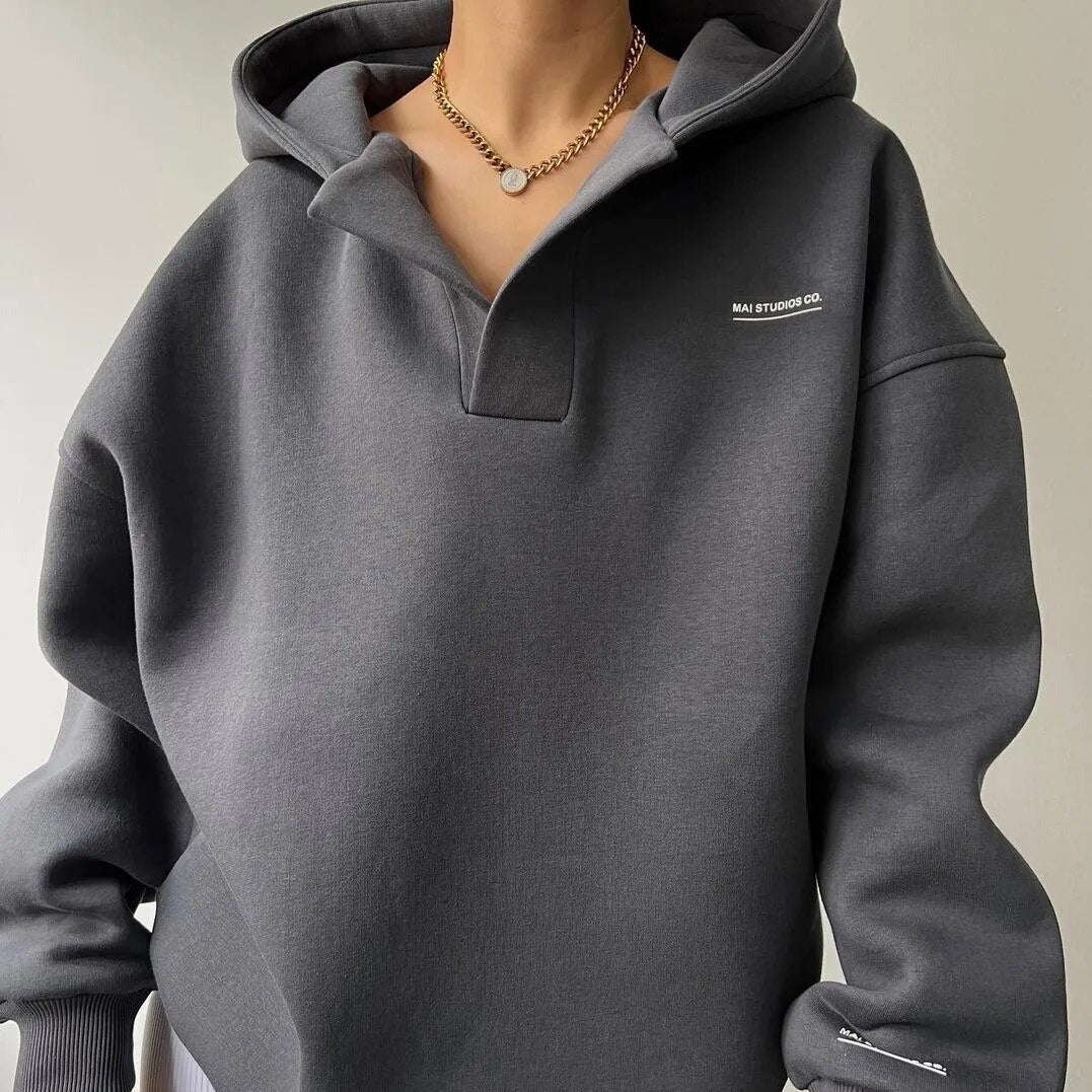 Women's Loose-Fit Pullover Hoodie Featuring an Open V-Neck Collar