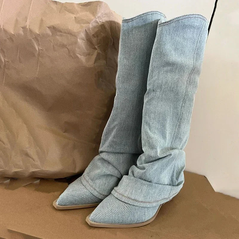 Women's Pleated Western Knee-High Boots with Pointed Toe and Heels