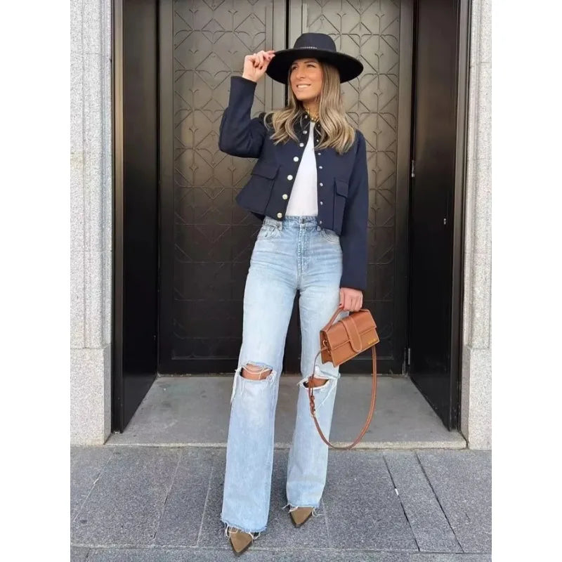 Women's Cropped Aviator Bomber Jacket Featuring Button Closure and Pockets