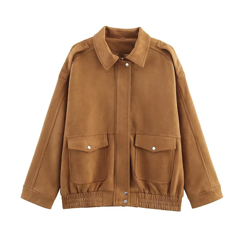 Women's Bomber Jacket in Streetwear Style with Snap Buttons and Flap Pockets
