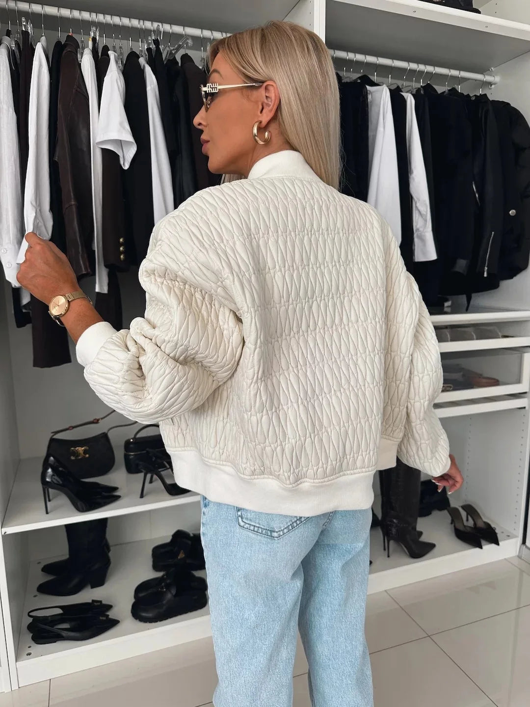 Women's Zip-Front Quilted Bomber Jacket with Ribbed Details