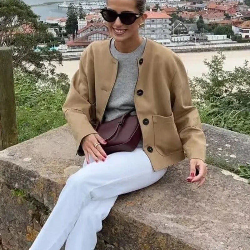 Elegant Tailored Fit Long Sleeve Cropped Blazer Jacket for Women