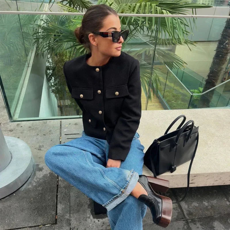 Women's Long Sleeve Round Neck Cropped Bomber Jacket