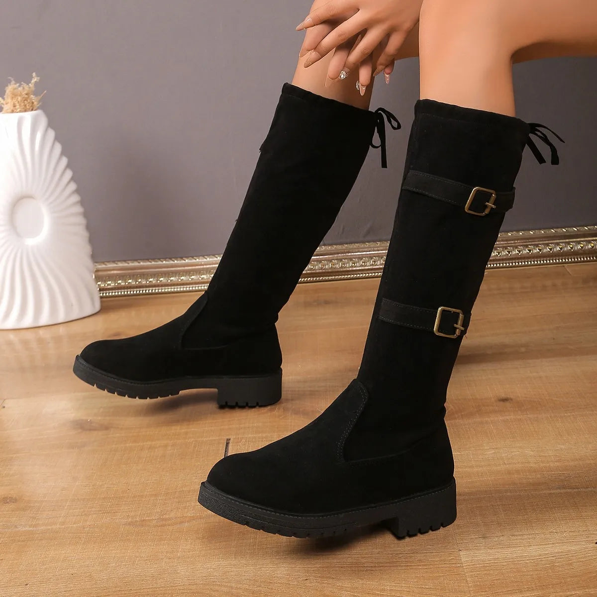 Classic Silhouette Women's Knee-High Boots in Black with Low Heels