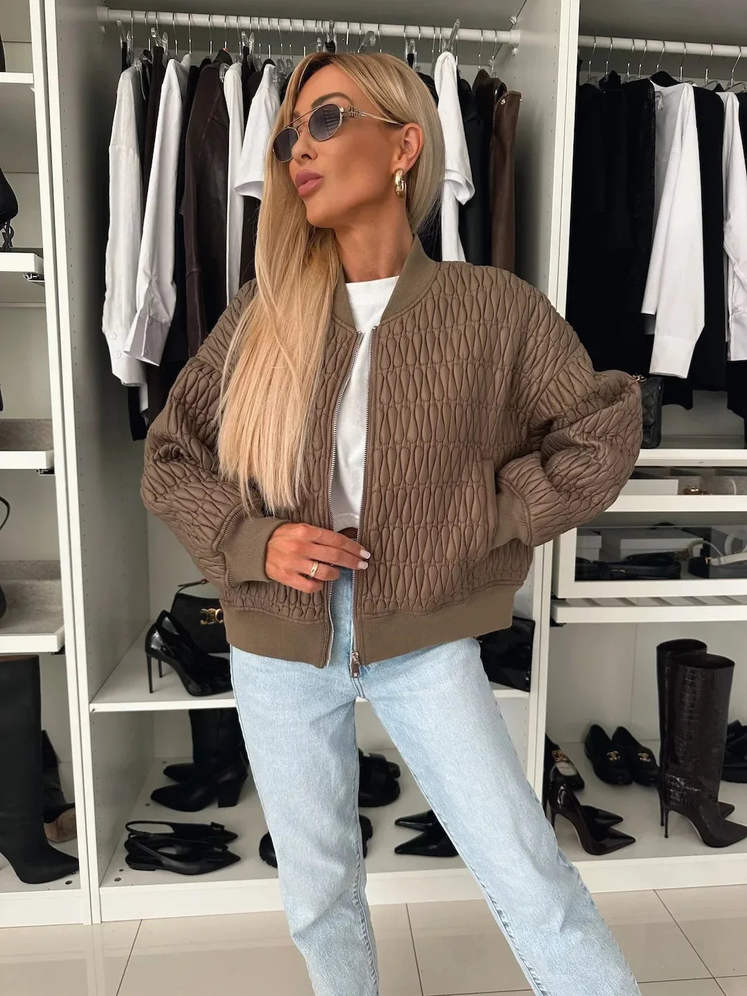 Women's Zip-Front Quilted Bomber Jacket with Ribbed Details