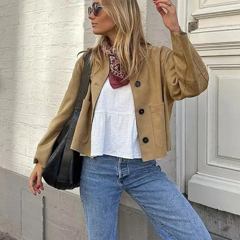 Elegant Tailored Fit Long Sleeve Cropped Blazer Jacket for Women