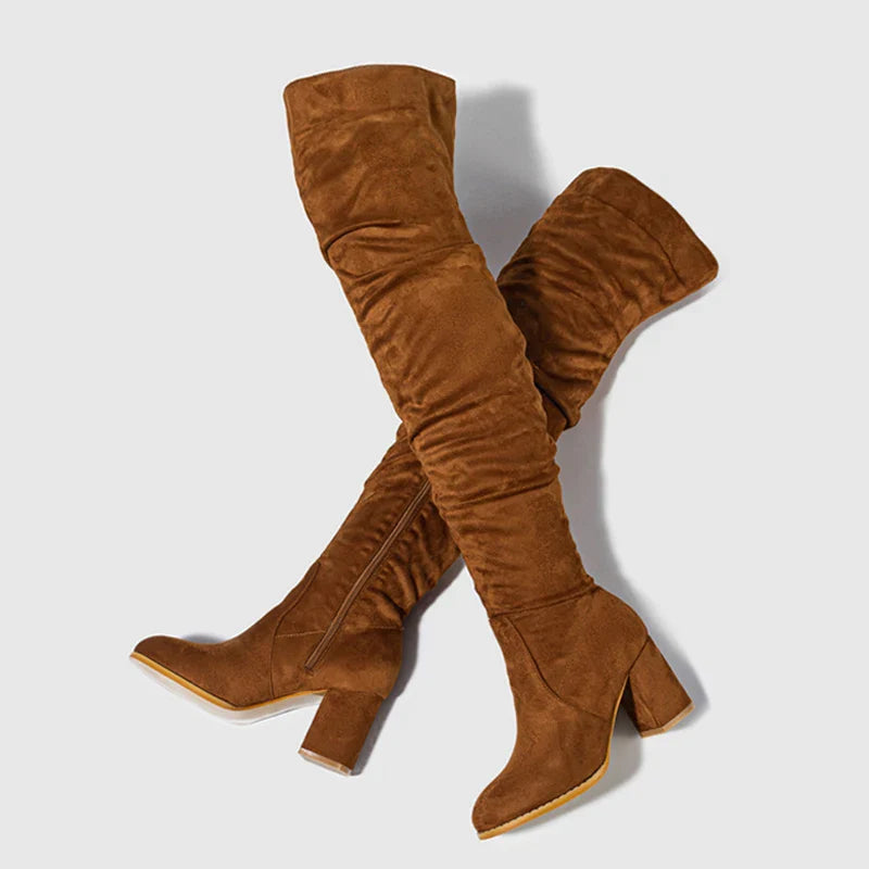 Pointed Toe Slouch Block Heel Knee High Boots for Women