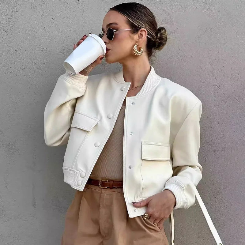 Casual Women's Bomber Jacket Featuring Front Buttons and Flap Pockets