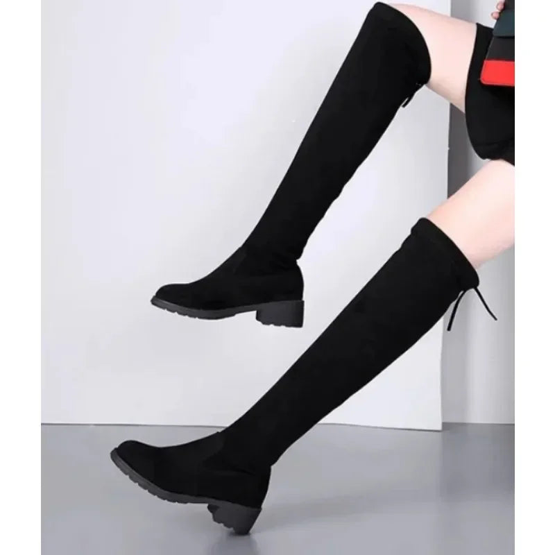 Chunky High Heel Black Lace-Up Over-the-Knee Boots for Women