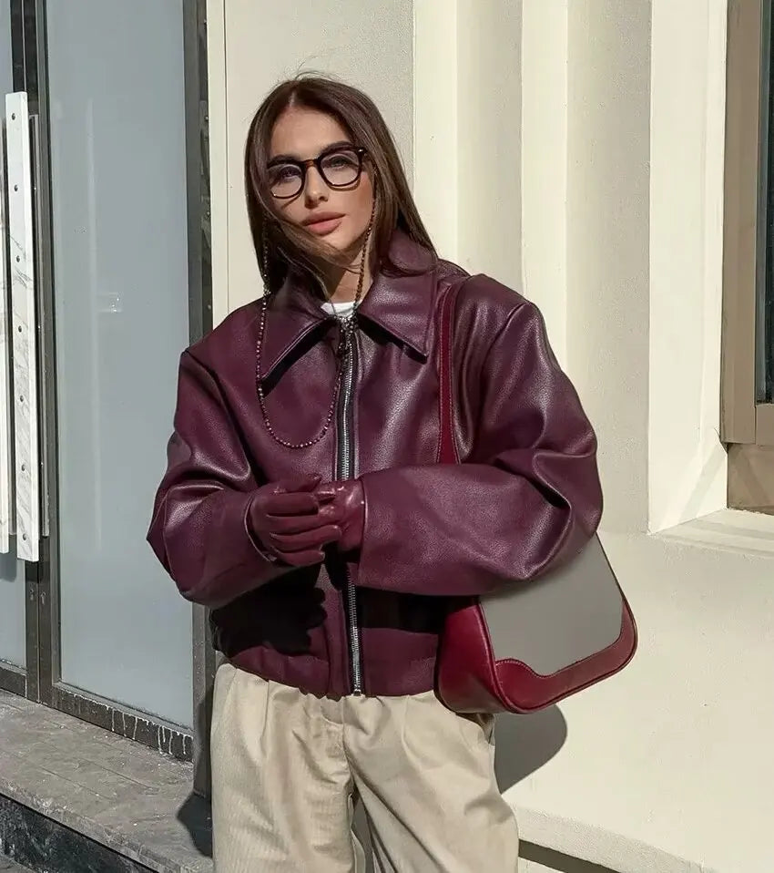 Women's Zipper Front Leather Jacket with Classic Lapel Collar