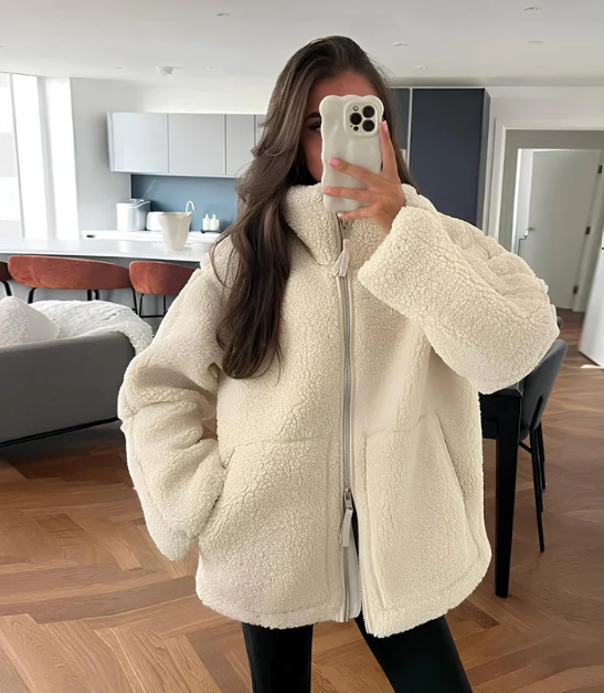 Women's Fleece Jacket with High Collar and Zipper Front - Oversized Fit