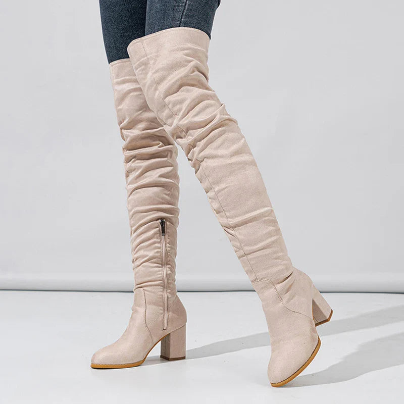 Pointed Toe Slouch Block Heel Knee High Boots for Women