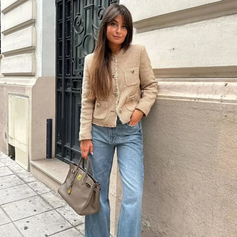 Elegant Short Coat Style Women's Long Sleeve Cropped Tweed Jacket