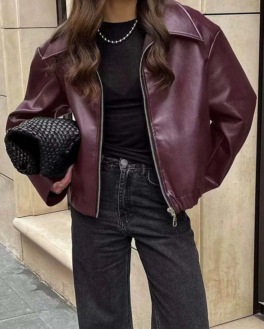 Women's Zipper Front Leather Jacket with Classic Lapel Collar