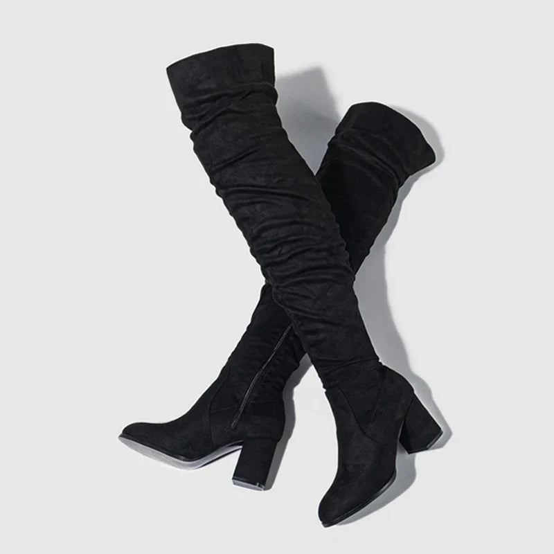 Pointed Toe Slouch Block Heel Knee High Boots for Women