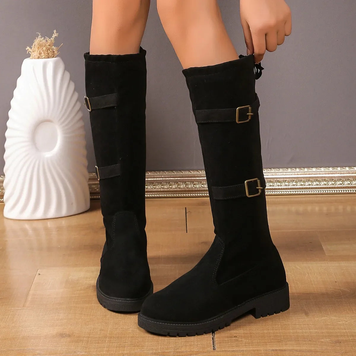 Classic Silhouette Women's Knee-High Boots in Black with Low Heels