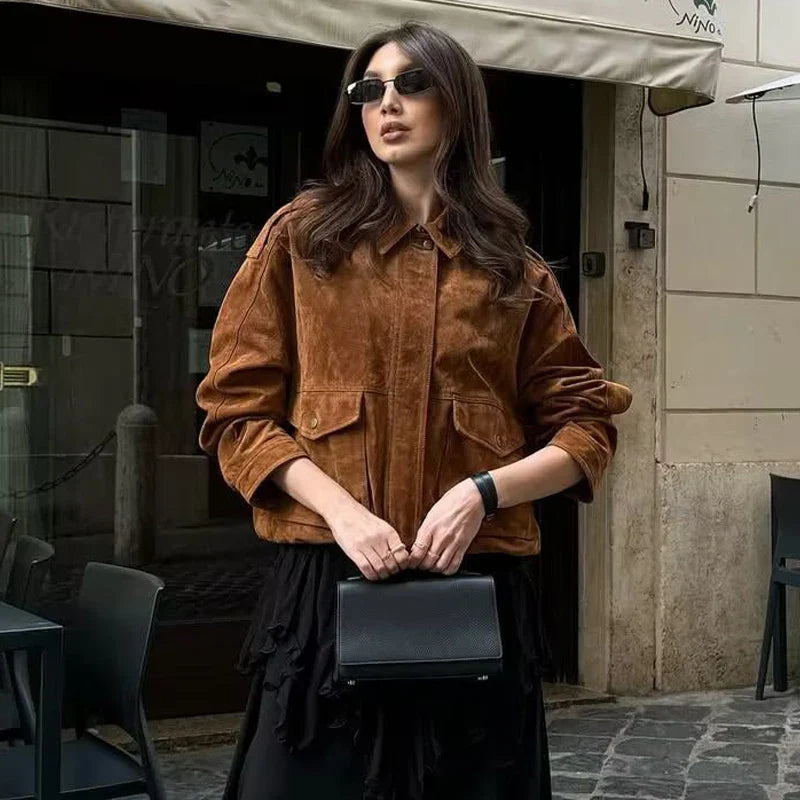 Women's Bomber Jacket in Streetwear Style with Snap Buttons and Flap Pockets