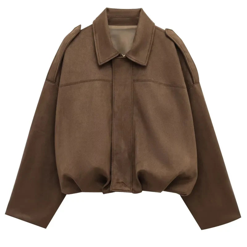 Lapel-Collared Cropped Bomber Jacket for Women with Zip Closure