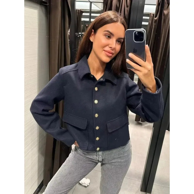Women's Cropped Aviator Bomber Jacket Featuring Button Closure and Pockets