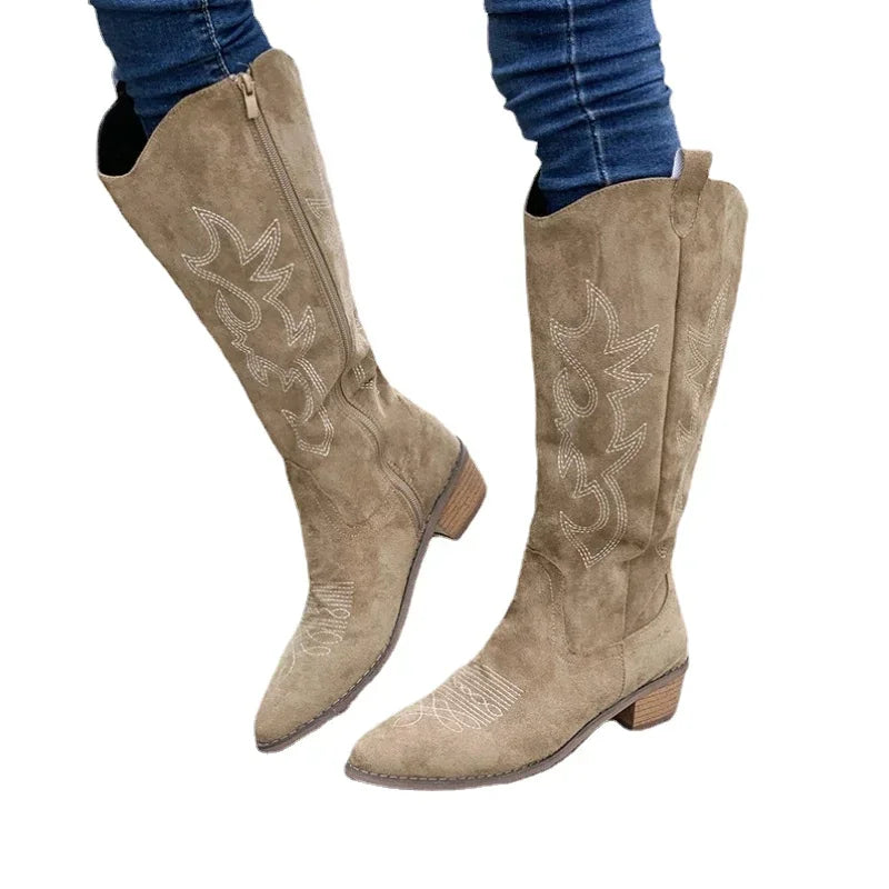 Embroidered Women's Knee-High Cowboy Boots with Chunky Heel