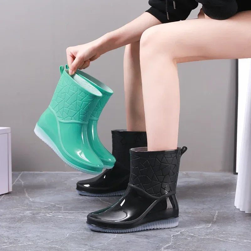 Women's Waterproof Mid-Calf Rain Boots with Lightweight Non-Slip Sole