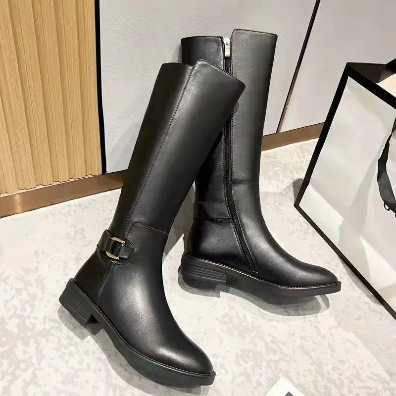 Women's Black Knee-High Boots Featuring Metal Buckle and Side Zipper