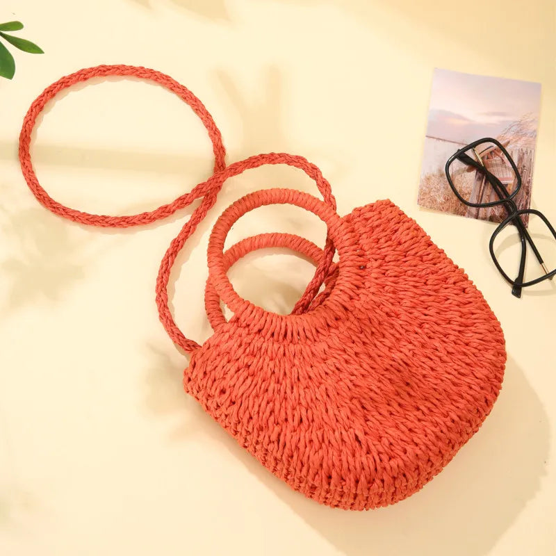 Half-Moon Shaped Women's Straw Crossbody Bag with Top Handles
