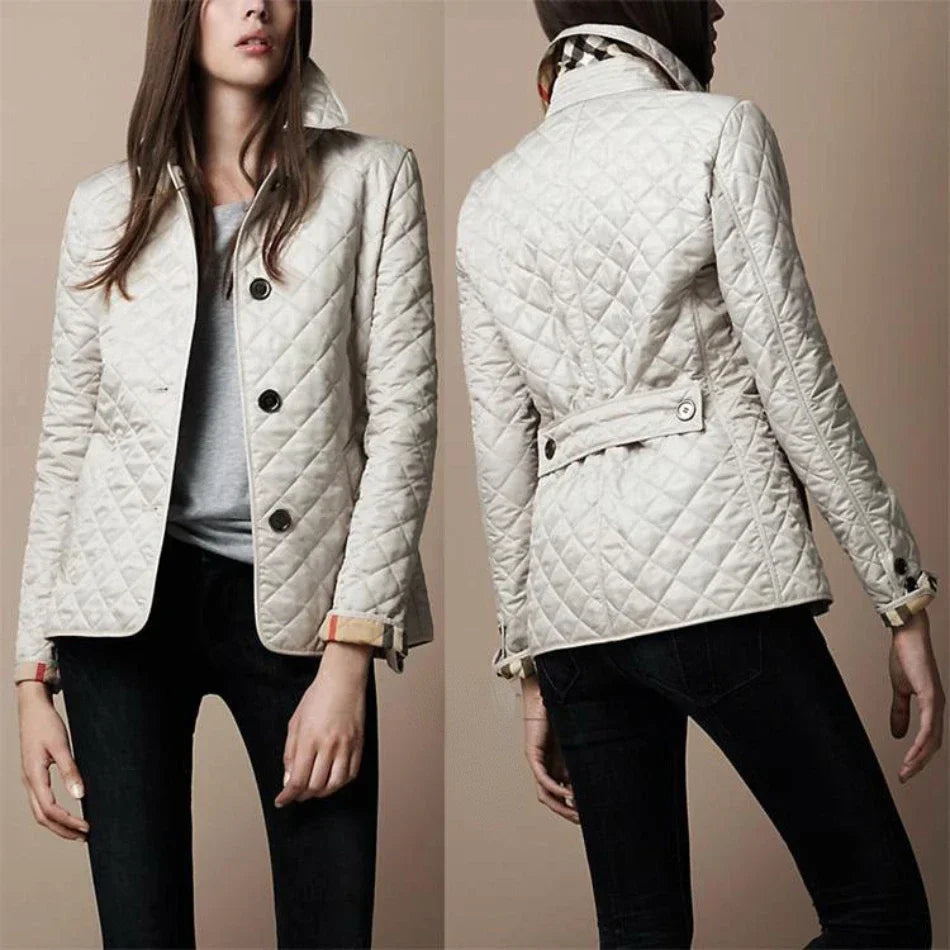 Women's Quilted Bomber Jacket with Button Closure and Foldable Cuffs