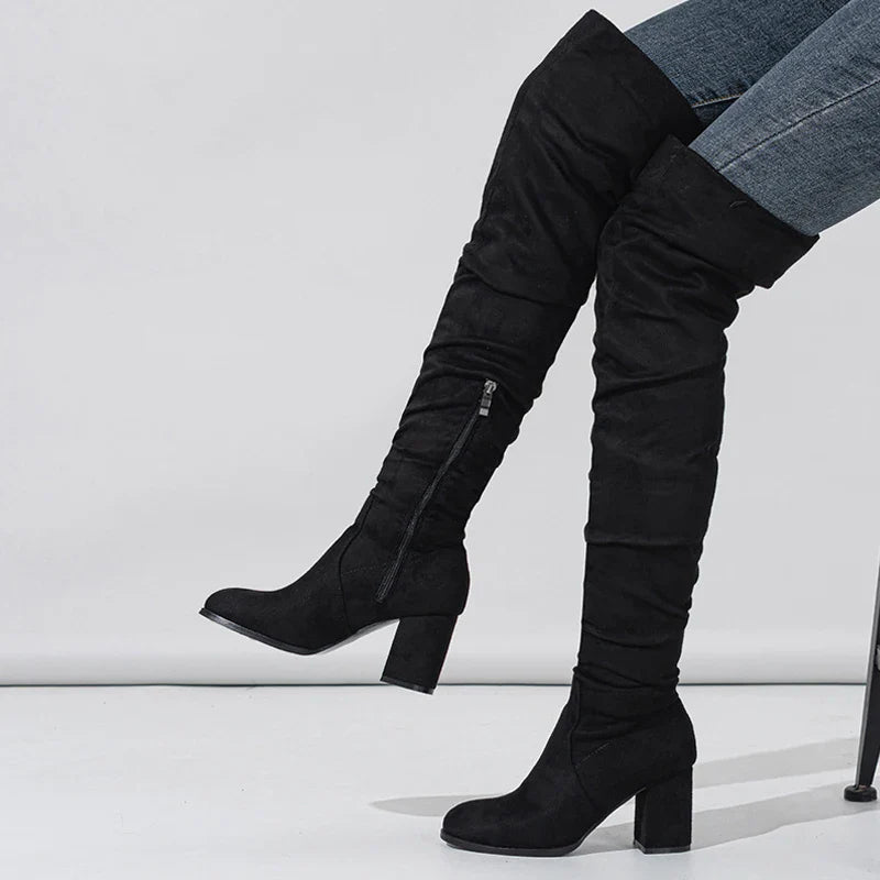 Pointed Toe Slouch Block Heel Knee High Boots for Women