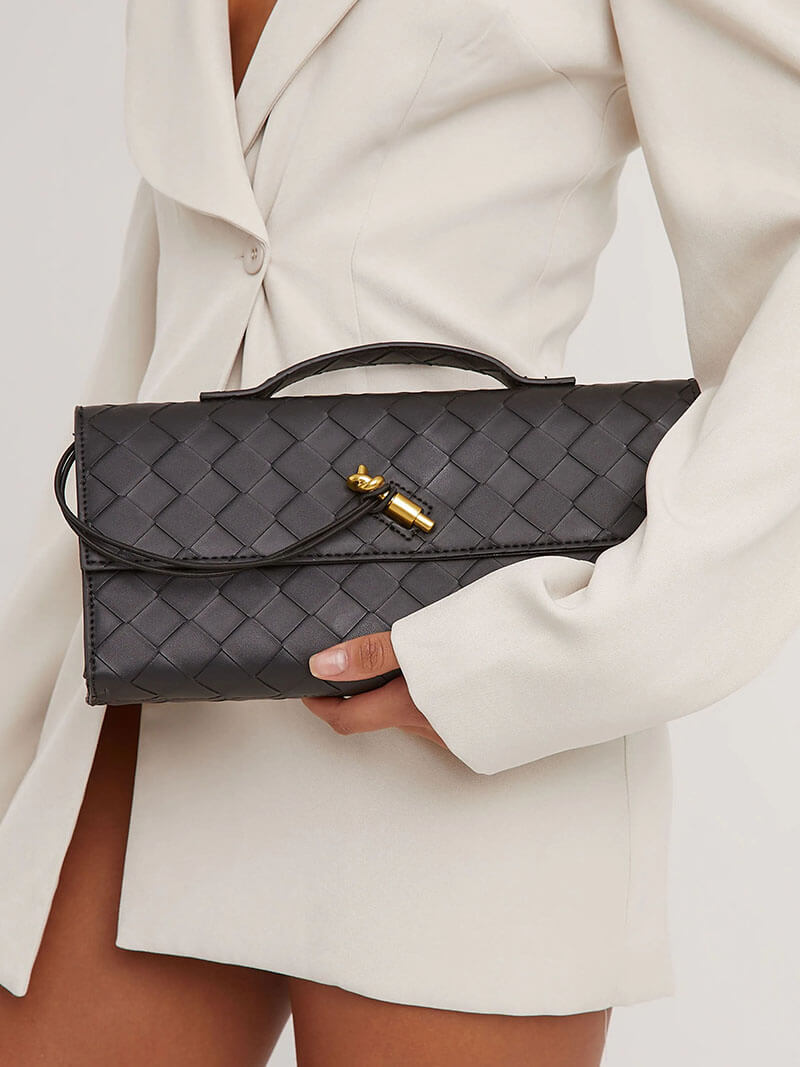 Women's Woven Shoulder Bag with Top Handle and Flap Closure