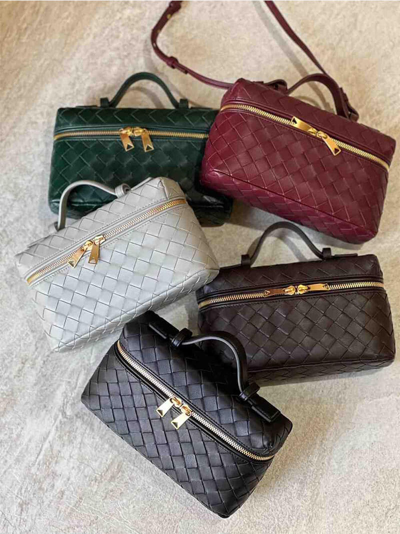 Women's Woven Box Handbag with Top Handle and Gold Zipper Accents