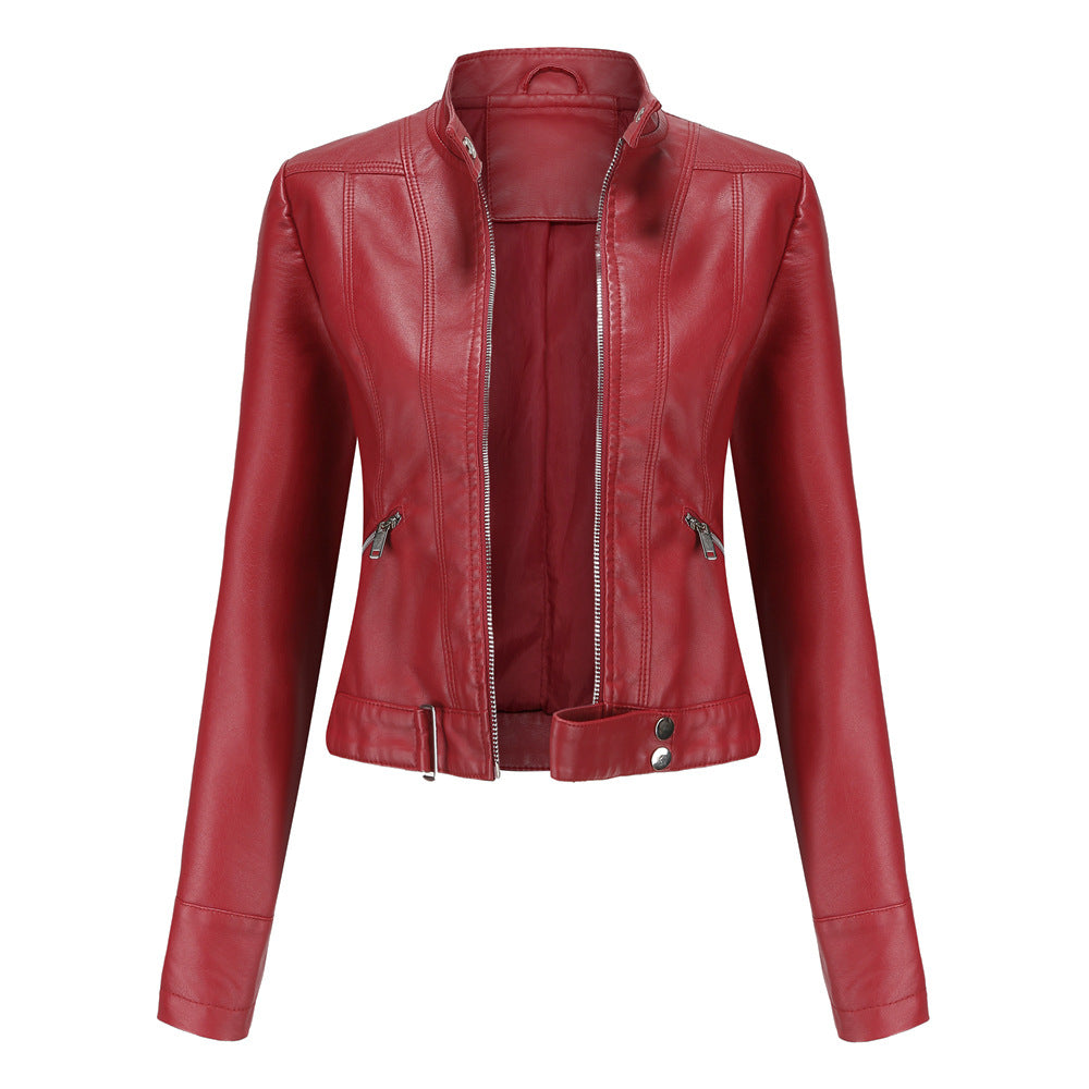 High Collar Women's Leather Jacket with Zip Closure and Belt