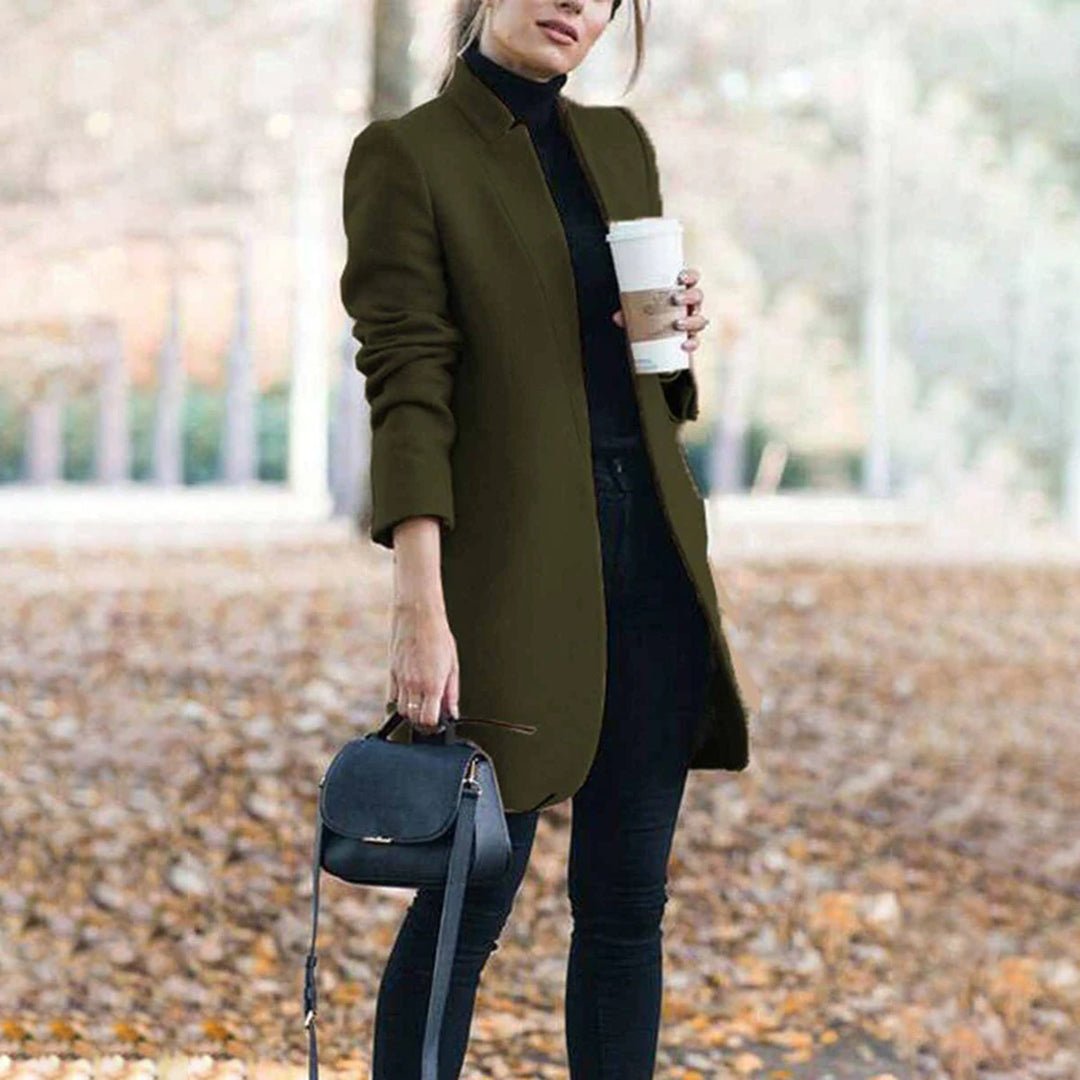 Women's Sleek-Fit Long Wool Trench Coat with Stand Collar